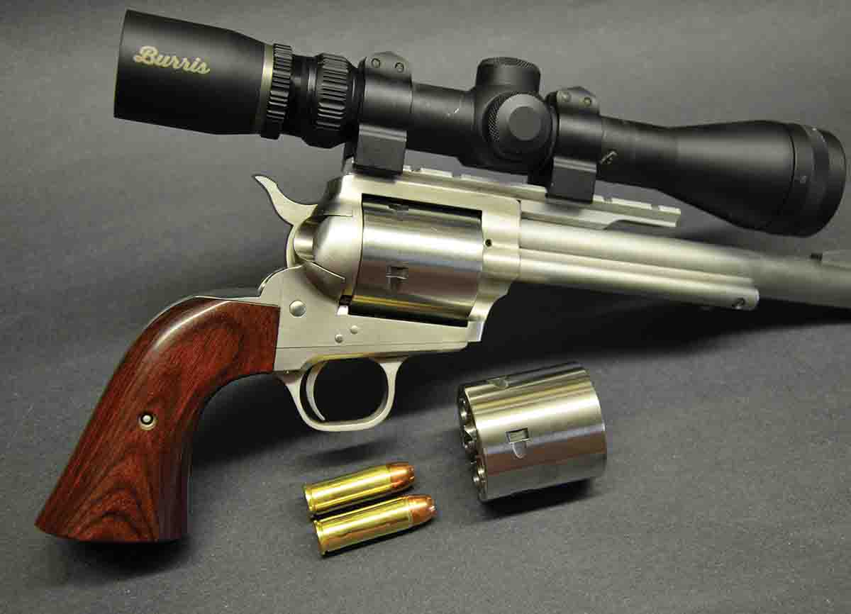 Layne’s Freedom Arms Model 83 has cylinders for .45 Colt and .454 Casull, with the difference between them being chamber and throat lengths.